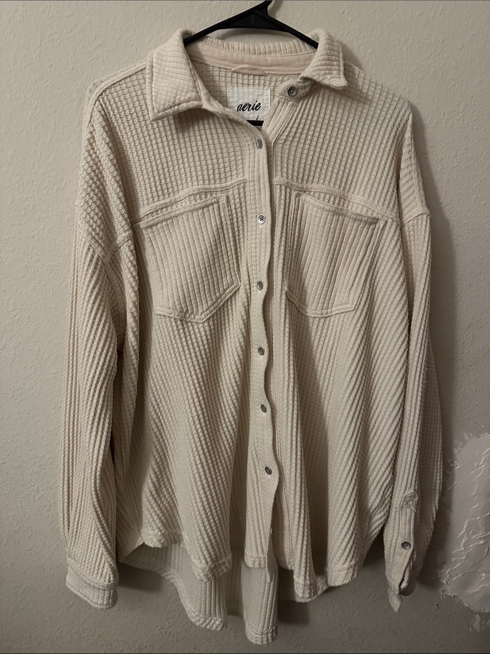 aerie Oversized Cream Waffle-Knit Button-Down Shirt